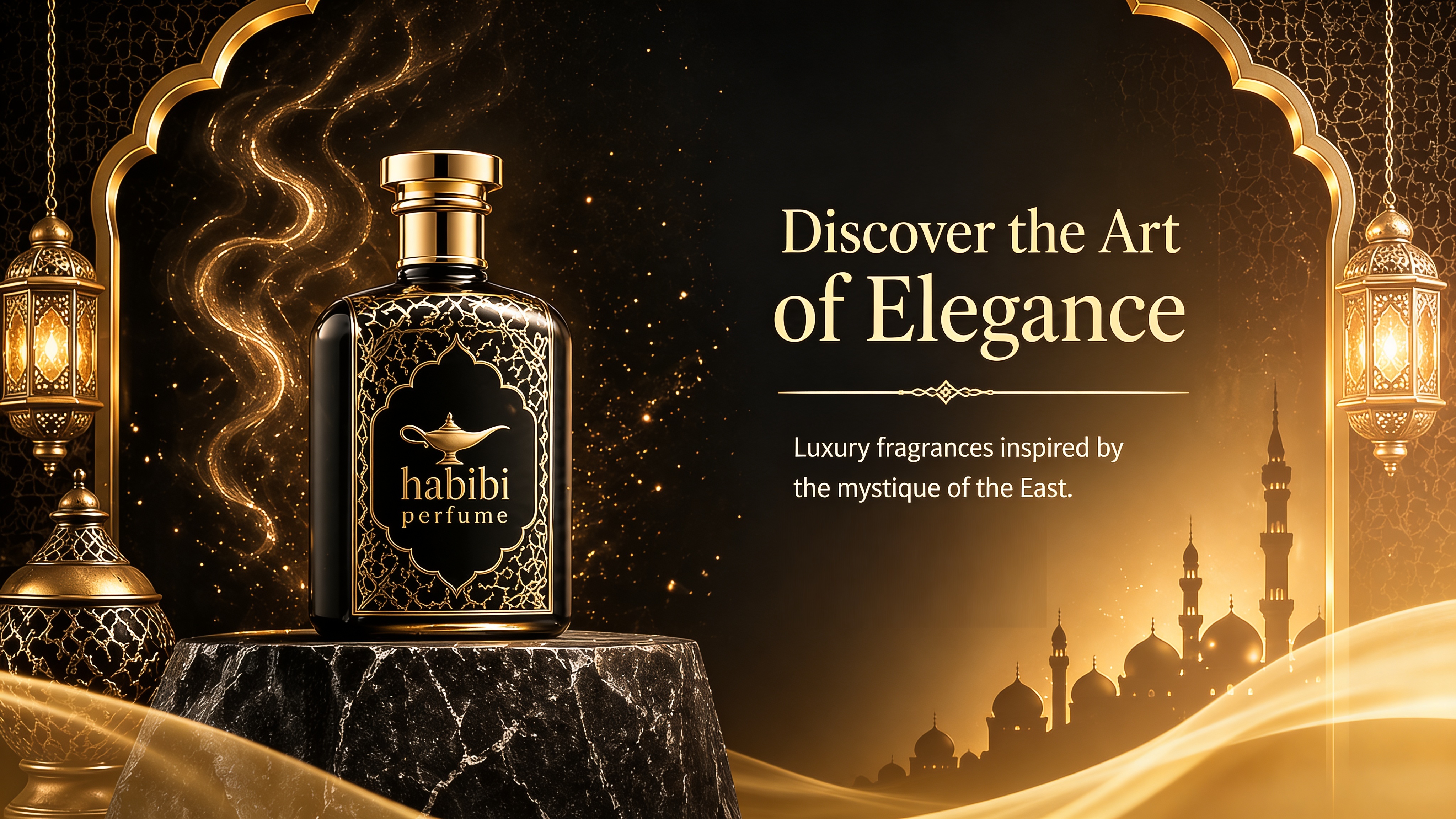 Habibi Perfume — black and gold Arabian fragrance bottle framed by ornate arches and hanging lanterns